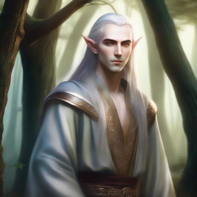 A young noble male high elf with long ears, dressed in elegant, flowing robes