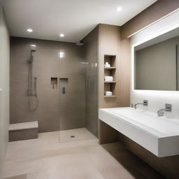 A modern bathroom showcasing built-in niches for storage