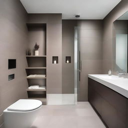 A modern bathroom showcasing built-in niches for storage