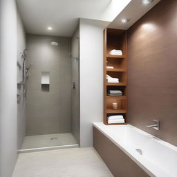 A modern bathroom showcasing built-in niches for storage