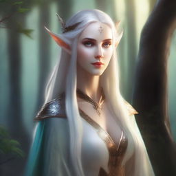 A noble female high elf with long ears, dressed in elegant, flowing robes