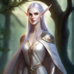 A noble female high elf with long ears, dressed in elegant, flowing robes