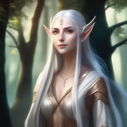 A noble female high elf with long ears, dressed in elegant, flowing robes