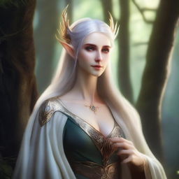 A noble female high elf with long ears, dressed in elegant, flowing robes