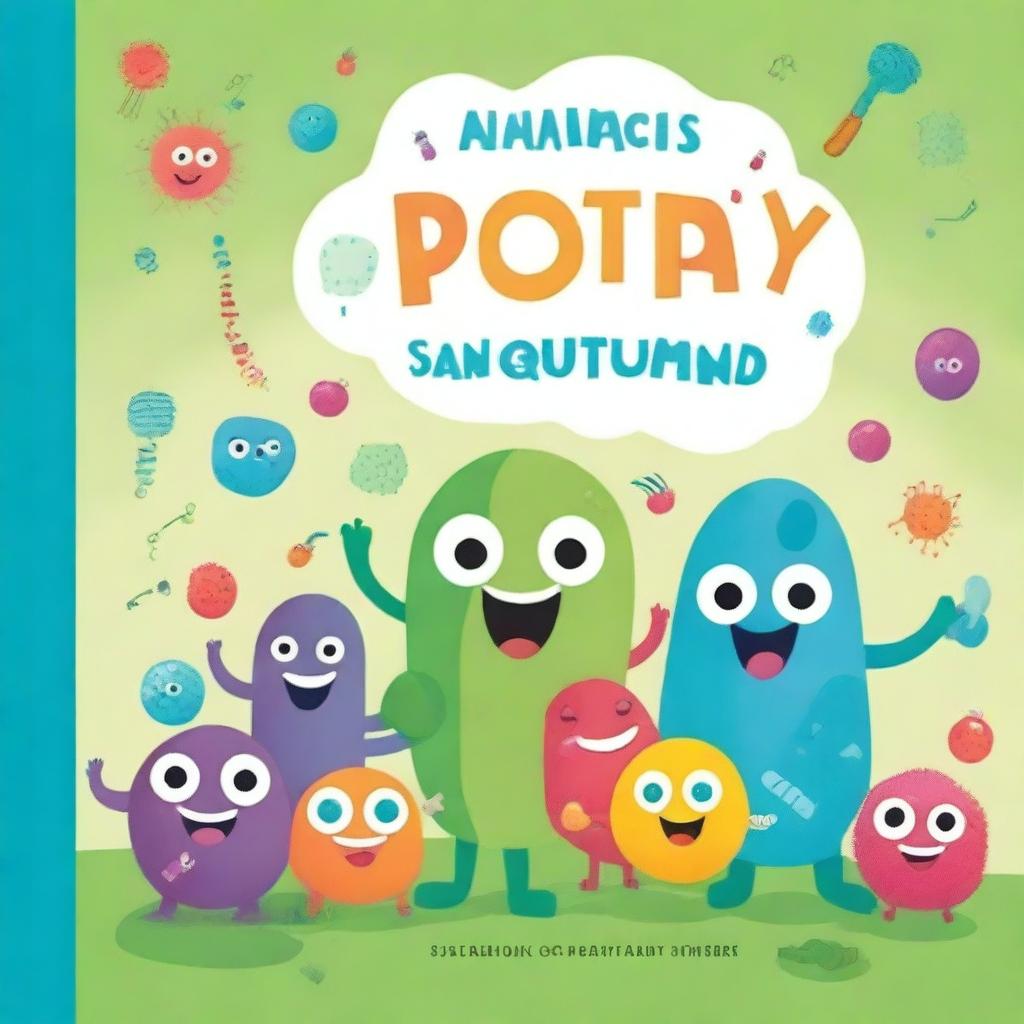 A colorful and engaging children's book cover featuring friendly and cute bacteria characters