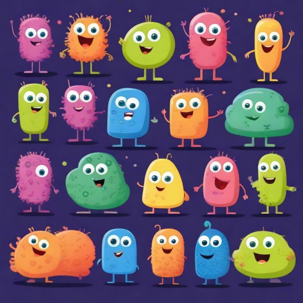 Create a set of friendly and cute bacteria characters for a children's book