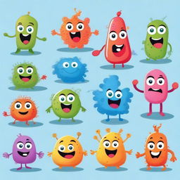 Create a set of friendly and cute bacteria characters for a children's book