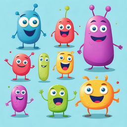 Create a set of friendly and cute bacteria characters for a children's book