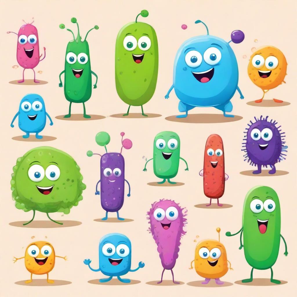 Create a set of friendly and cute bacteria characters for a children's book