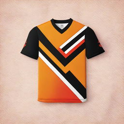 A sports jersey featuring short sleeves with crossing orange and black diagonal lines