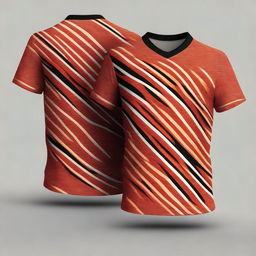 A sports jersey featuring short sleeves with crossing orange and black diagonal lines