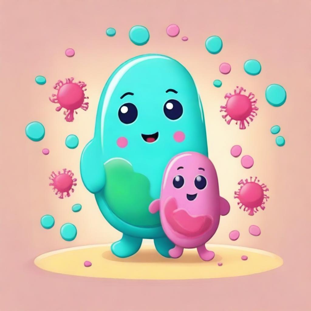 Create a heartwarming image of a mother and baby bacteria character