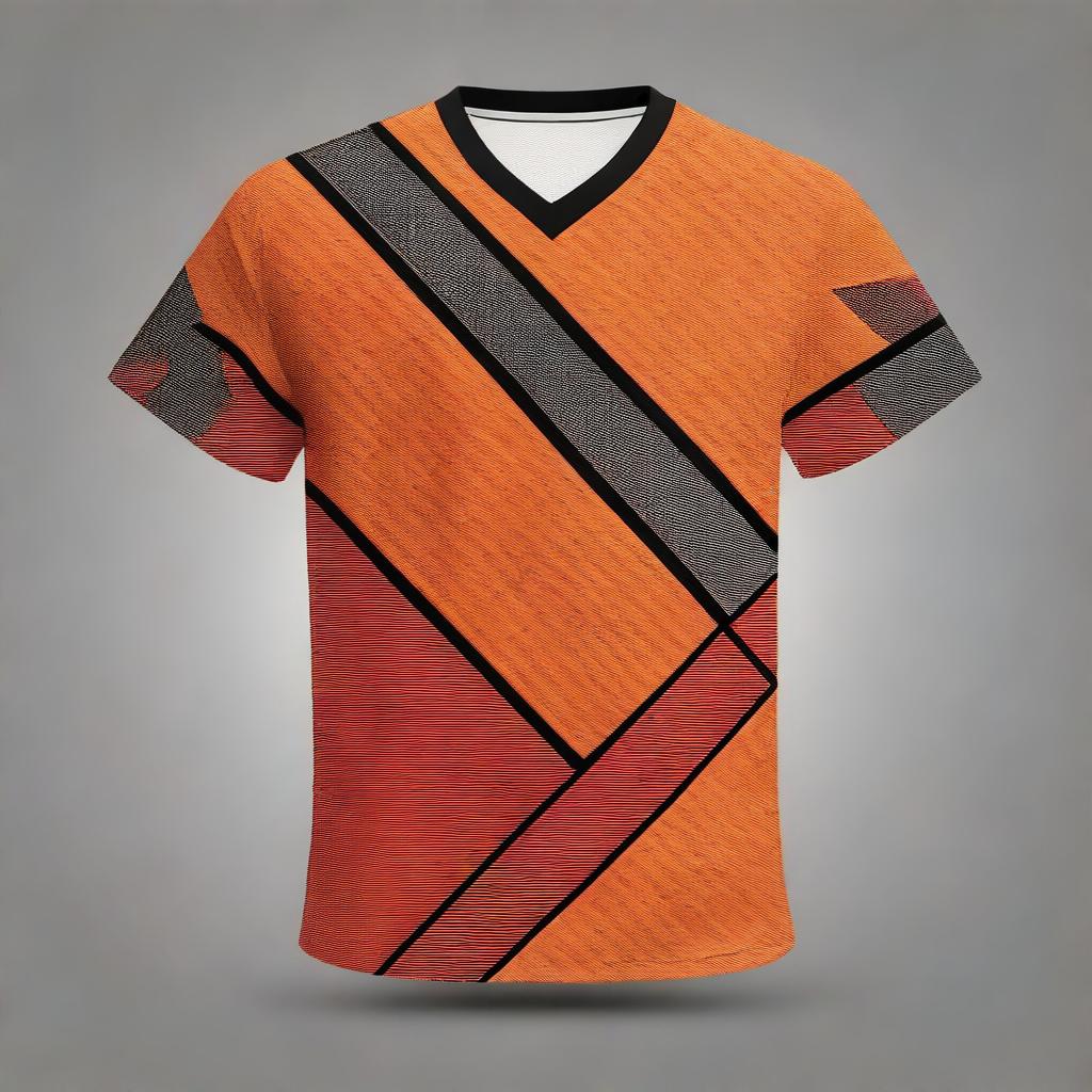 A sports jersey featuring short sleeves with crossing large orange and smaller black diagonal lines