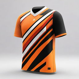 A sports jersey featuring short sleeves with crossing large orange and smaller black diagonal lines