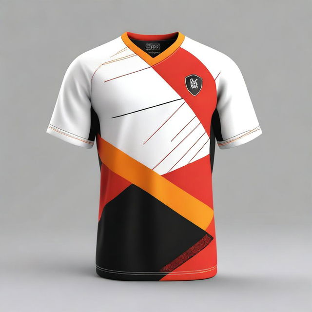 A sports jersey featuring short sleeves with crossing large orange and smaller black diagonal lines