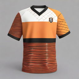 A sports jersey featuring short sleeves with crossing large orange and smaller black diagonal lines