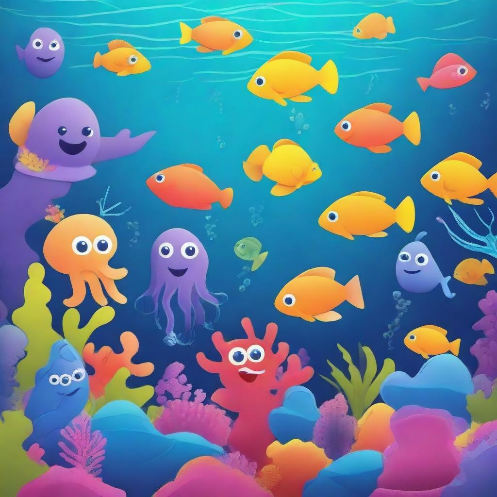 Create an underwater scene featuring friendly and colorful bacteria characters