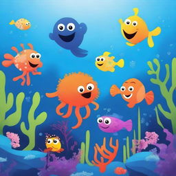 Create an underwater scene featuring friendly and colorful bacteria characters