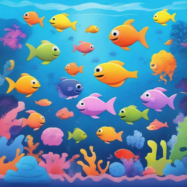 Create an underwater scene featuring friendly and colorful bacteria characters