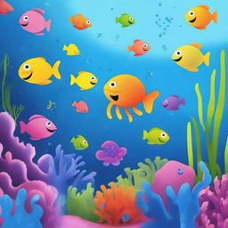 Create an underwater scene featuring friendly and colorful bacteria characters