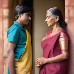 A mature Indian woman dressed in a traditional saree, standing next to a teenage boy