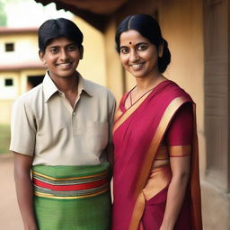 A mature Indian woman dressed in a traditional saree, standing next to a teenage boy