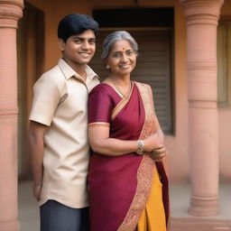 A mature Indian woman dressed in a traditional saree, standing next to a teenage boy