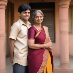 A mature Indian woman dressed in a traditional saree, standing next to a teenage boy