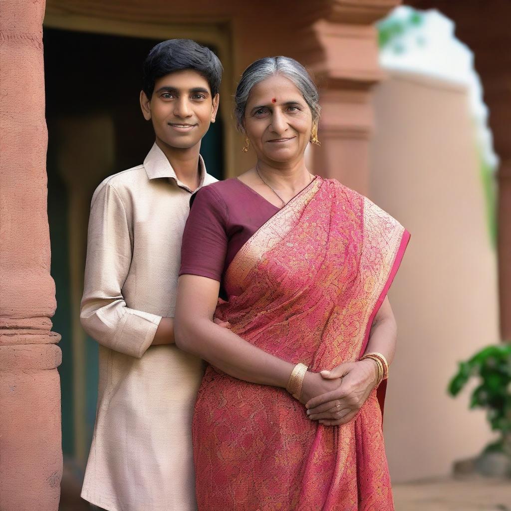 A mature Indian woman dressed in a traditional saree, standing next to a teenage boy