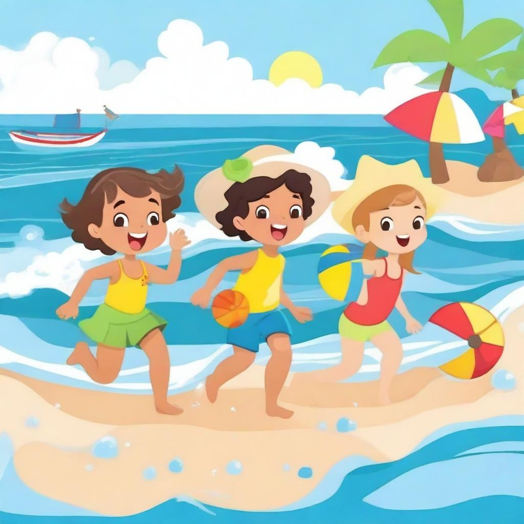 Create an image featuring child characters playing in the sea