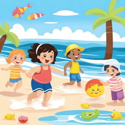 Create an image featuring child characters playing in the sea