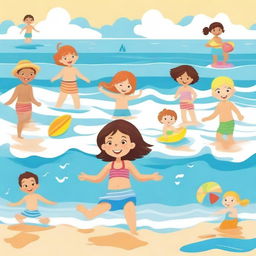 Create an image featuring child characters playing in the sea