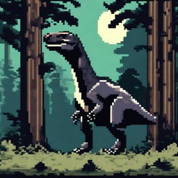 A pixel art profile picture titled 'Night Predator: Allosaurus in the Dark Forest' featuring a menacing allosaurus in a dark, eerie forest