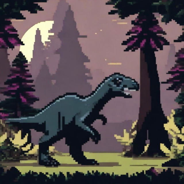 A pixel art profile picture titled 'Night Predator: Allosaurus in the Dark Forest' featuring a menacing allosaurus in a dark, eerie forest