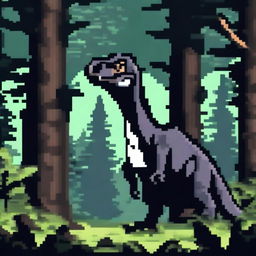 A pixel art profile picture titled 'Night Predator: Allosaurus in the Dark Forest' featuring a menacing allosaurus in a dark, eerie forest