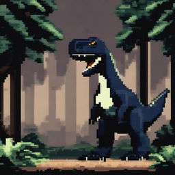 A pixel art profile picture titled 'Night Predator: Allosaurus in the Dark Forest' featuring a menacing allosaurus in a dark, eerie forest