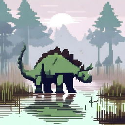 A pixel art profile picture titled 'Swamp Sentinel: Stegosaurus in the Marshlands' featuring a majestic stegosaurus standing guard in a misty, swampy marshland