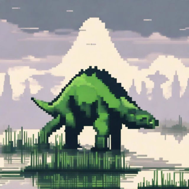 A pixel art profile picture titled 'Swamp Sentinel: Stegosaurus in the Marshlands' featuring a majestic stegosaurus standing guard in a misty, swampy marshland