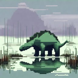 A pixel art profile picture titled 'Swamp Sentinel: Stegosaurus in the Marshlands' featuring a majestic stegosaurus standing guard in a misty, swampy marshland