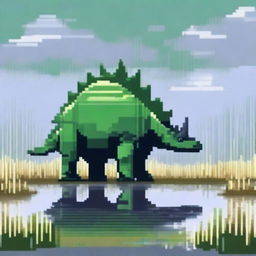 A pixel art profile picture titled 'Swamp Sentinel: Stegosaurus in the Marshlands' featuring a majestic stegosaurus standing guard in a misty, swampy marshland