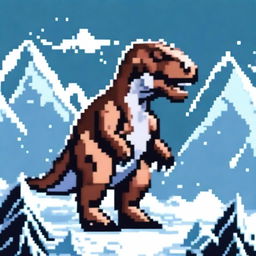 A pixel art profile picture titled 'Iceborne Terror: T-Rex' featuring a fearsome T-Rex in a frozen, icy landscape