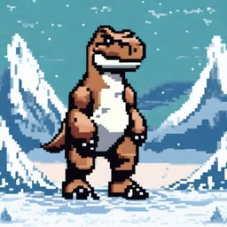 A pixel art profile picture titled 'Iceborne Terror: T-Rex' featuring a fearsome T-Rex in a frozen, icy landscape