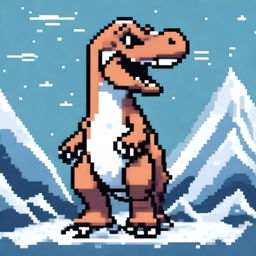 A pixel art profile picture titled 'Iceborne Terror: T-Rex' featuring a fearsome T-Rex in a frozen, icy landscape