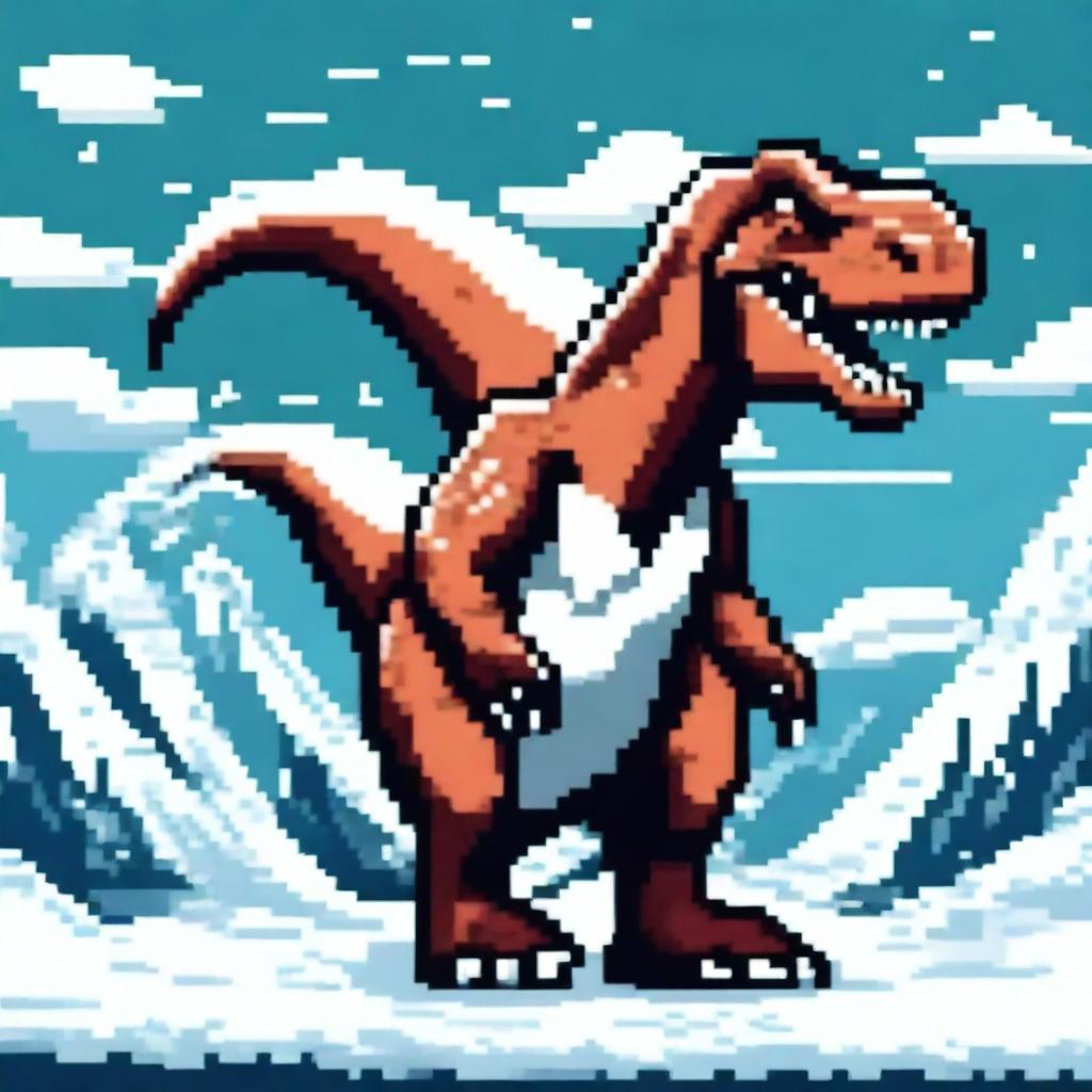 A pixel art profile picture titled 'Iceborne Terror: T-Rex' featuring a fearsome T-Rex in a frozen, icy landscape