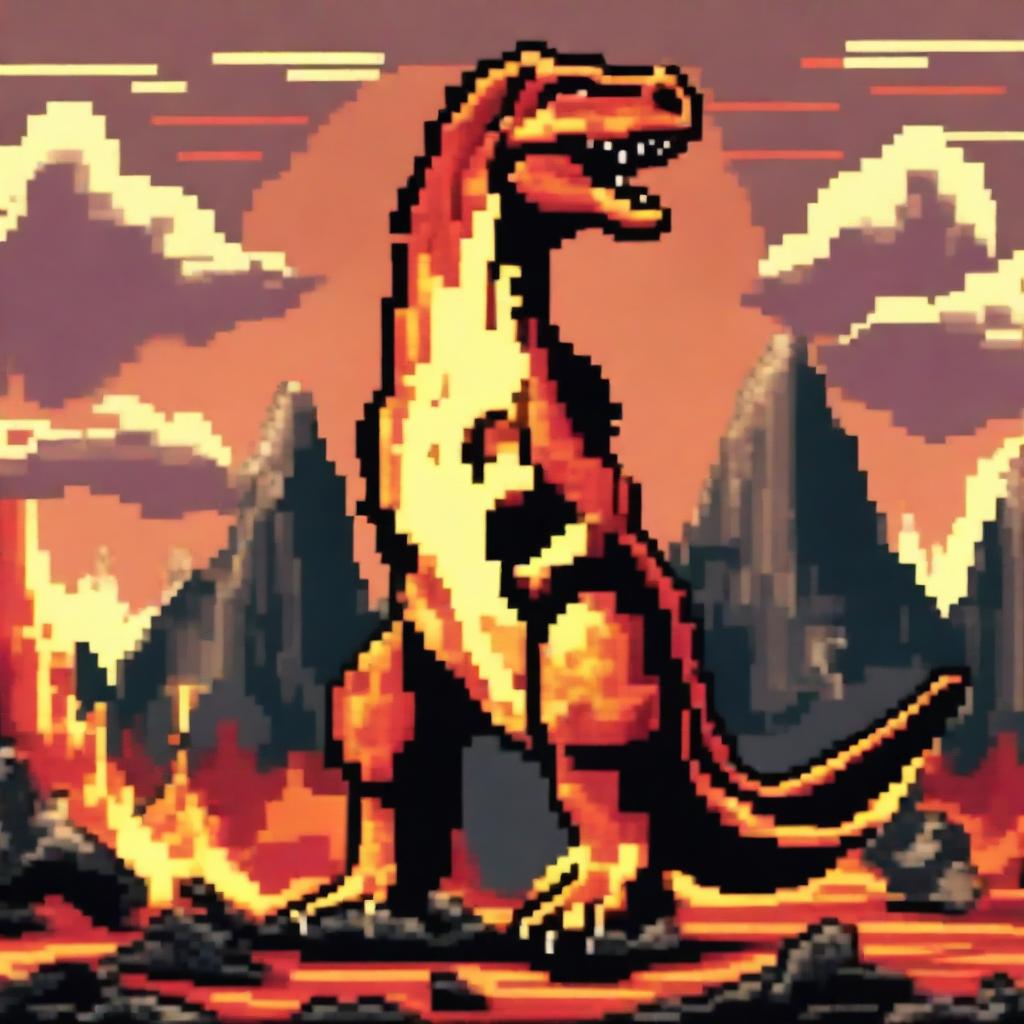 A pixel art profile picture titled 'Volcanic Veins: Giganotosaurus' featuring a powerful Giganotosaurus amidst a fiery volcanic landscape