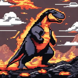 A pixel art profile picture titled 'Volcanic Veins: Giganotosaurus' featuring a powerful Giganotosaurus amidst a fiery volcanic landscape