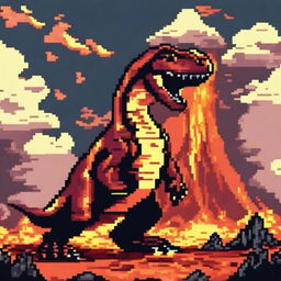 A pixel art profile picture titled 'Volcanic Veins: Giganotosaurus' featuring a powerful Giganotosaurus amidst a fiery volcanic landscape