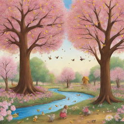 2D illustration featuring trees laden with candy for the little birds, flowing honey streams for the bees, and fragrant flowers enticing the rabbits.