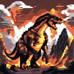 A pixel art profile picture titled 'Volcanic Veins: Giganotosaurus' featuring a powerful Giganotosaurus amidst a fiery volcanic landscape