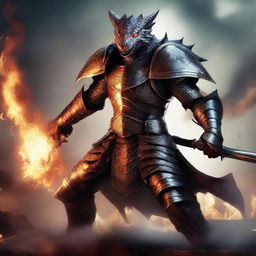 A fierce draconic human warrior with dragon-like features such as scales, sharp claws, and glowing eyes